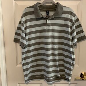 Bugle Boy polo style shirt with grey and baby blue stripes.  Men’s size Large.‎
